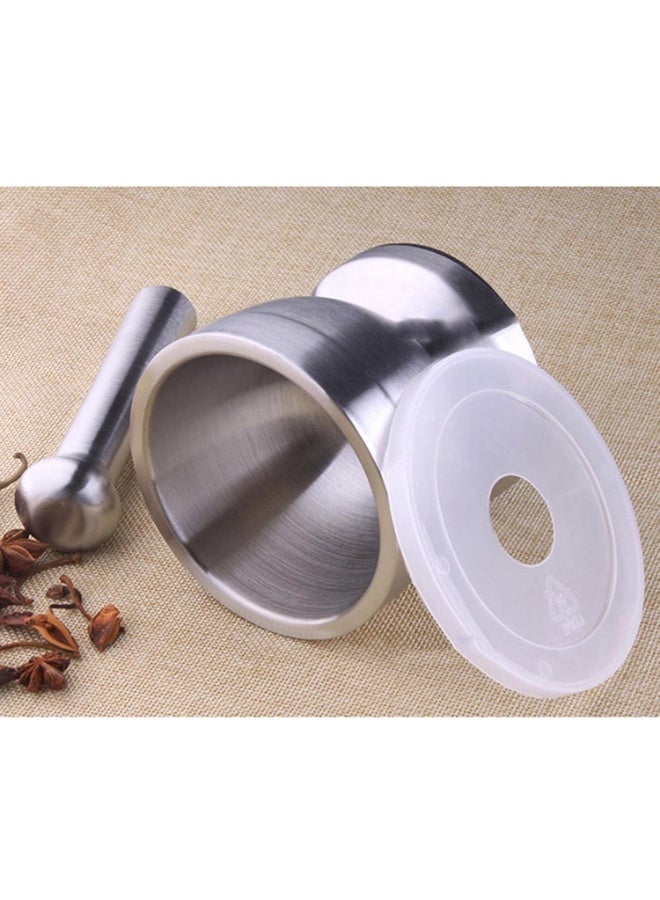 هاون ومدقة من الفولاذ المقاوم للصدأ شديد التحمل مع غطاء وقاعدة ثابتة للاستخدام اليومي في المطبخ. تصميم متين وصلب مصبوب، مثالي لطحن التوابل والأعشاب. - Image 1